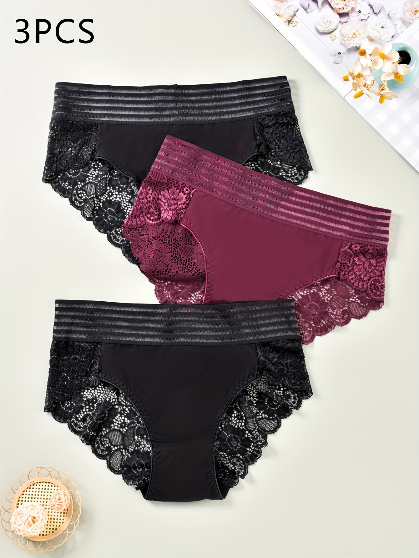 3 Pack Plus Size Elegant Panties Set, Women's Plus Contrast Lace Striped  High Waist Stretchy Briefs Three Piece Set