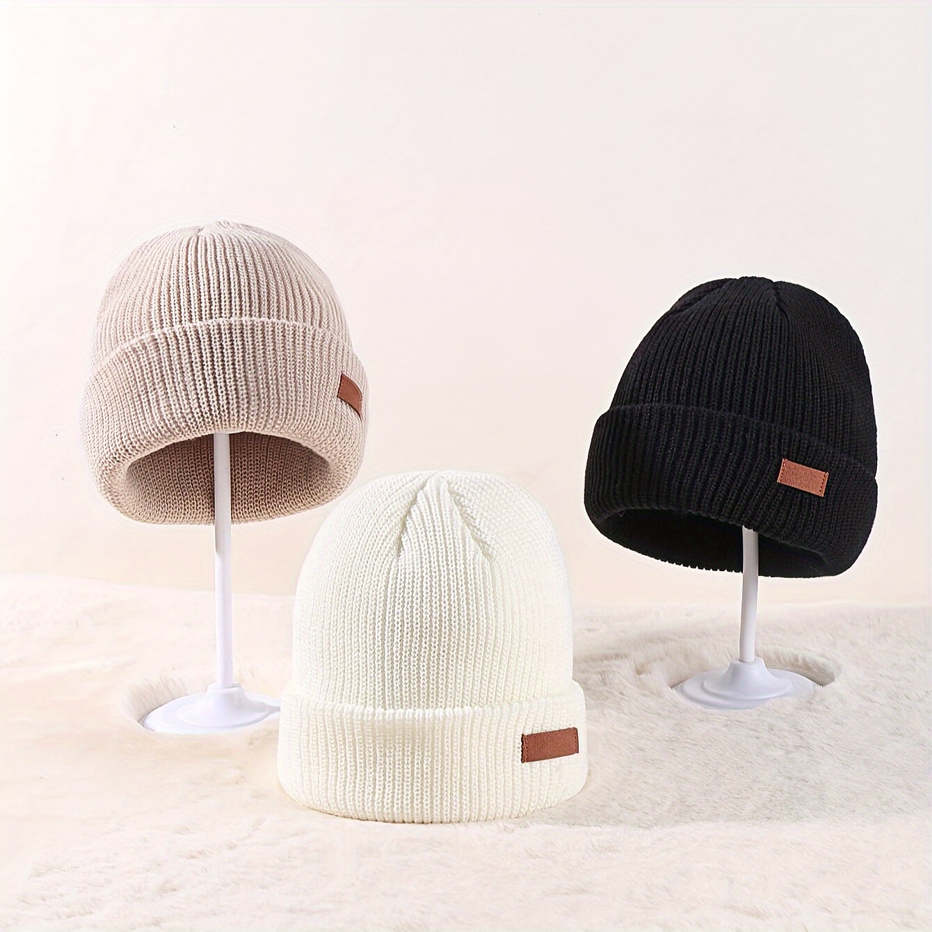 

3pcs Acrylic Knit Beanie Hats With Leather Patch, Cuff, Lightweight Winter Caps For Men And Women - Hand Washable, Lightweight, Hand Washable