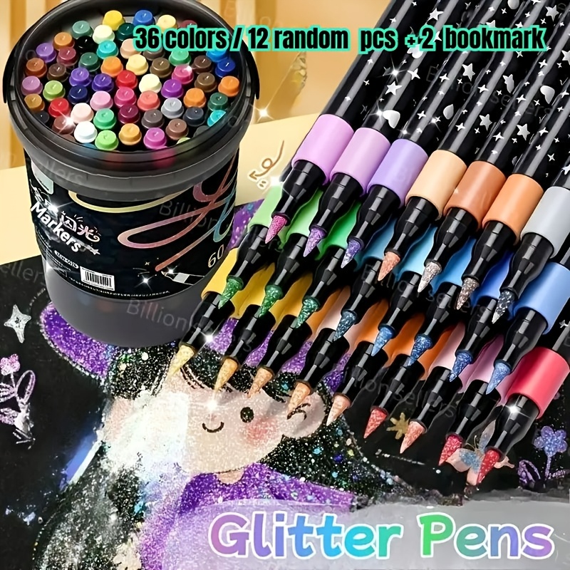 36 colores de   brillantes/12 piezas aleatorias y 2 marcapáginas, plumas brillantes a base de agua, plumas brillantes metálicas,   para escritura de graffiti, manualidades artísticas brillantes,   a  , regalos, adiciones de moda, suministros  , regalos de manualidades