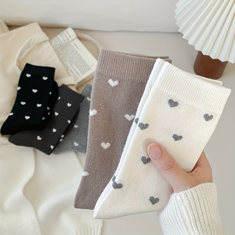 

5 Pairs Heart Print Socks, Cute Mid Tube Socks For Fall & Winter, Women's Stockings & Hosiery