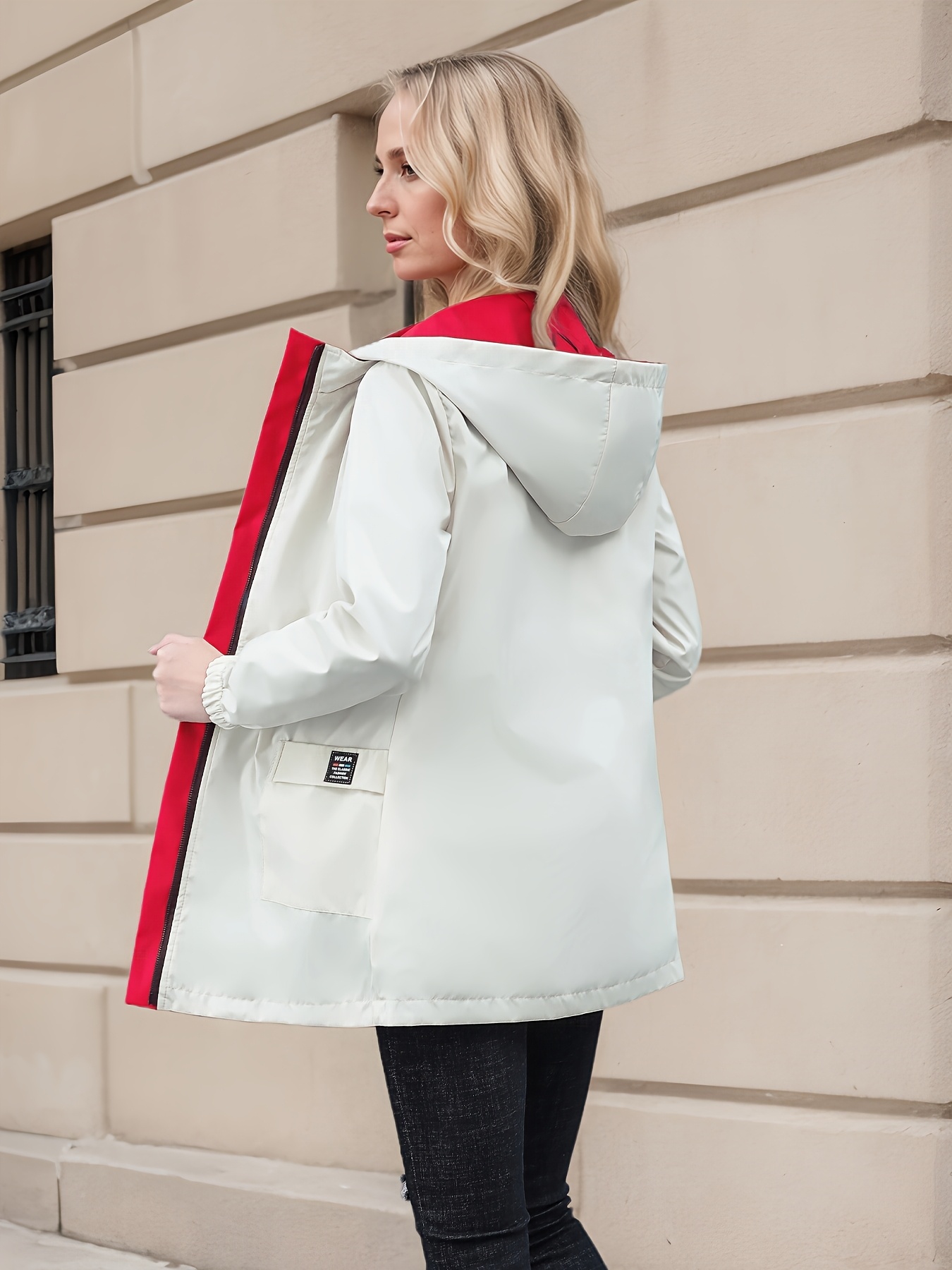 2024 new womens hooded windbreaker jacket   length casual coat with adjustable drawstring waist zipper closure button details solid color for   outdoor wear nonstretch fabric details 19