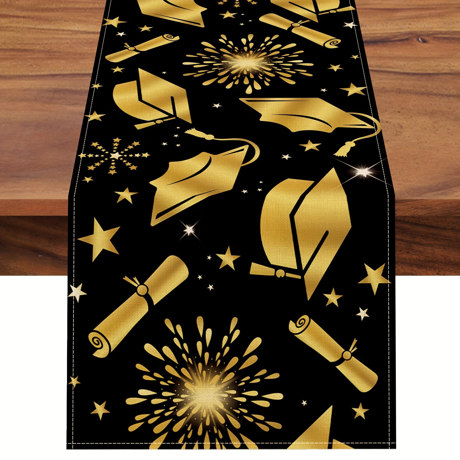 

1pc, Table Runner, Congrats Grad Graduation Cap Diploma Table Runner, Class Of 2024 Black Golden Fireworks Stars Kitchen Dining Table Decor, Holiday Burlap Home Decoration
