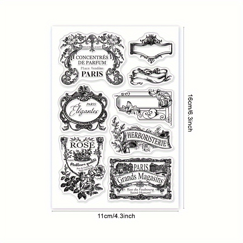 Image of 1pc Vintage French Advertising Label Transparent Stamp For Card Making, Rose Transparent Sealing Label Corner Frame Decoration, Transparent Stamp For