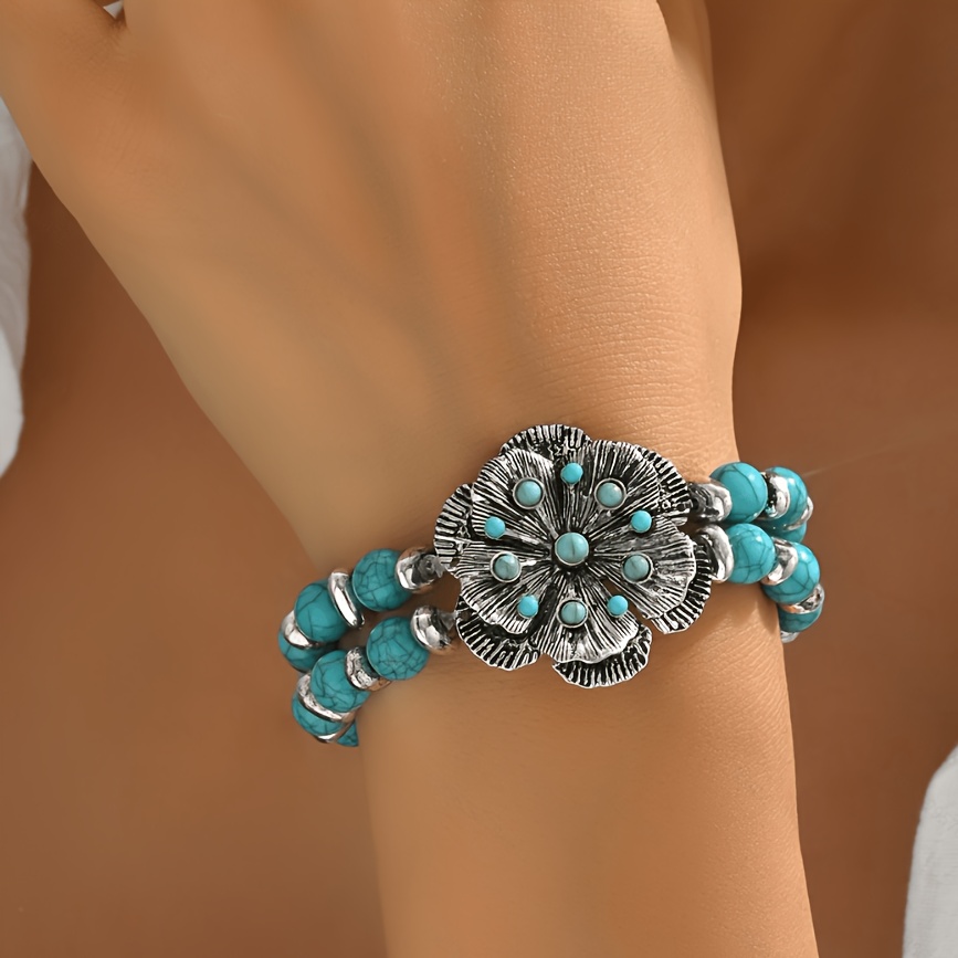 TEMU Pulsera elástica de 1 pieza para mujer, estilo bohemio vintage, con incrustaciones de , de capa, con cuentas redondas y flor, adecuada para