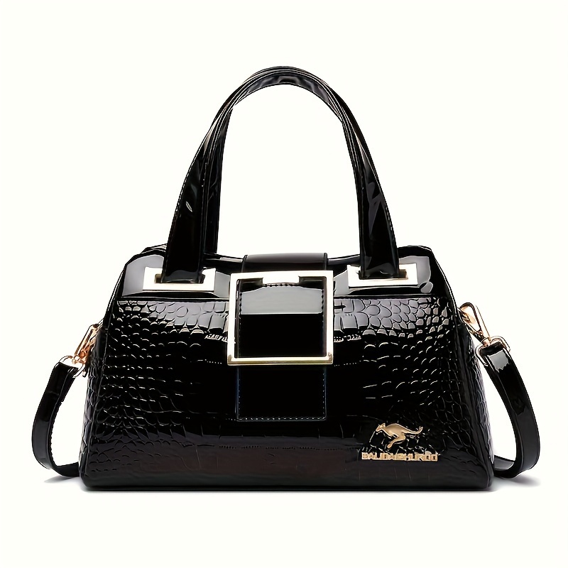 

Crocodile Pattern Handbag For Women, Elegant Glossy Crossbody Bag, Trendy Buckle Satchel Purse