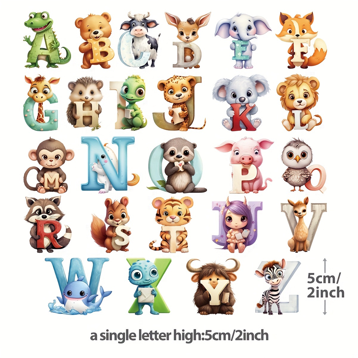 26pcs, Letters Cute Mini Animal Clothing Heat Transfer Stickers, Colorful Alphabet Zebra Fox Lion Pattern Decals, For Small Size Clothes Pajamas T- Bag Fabric