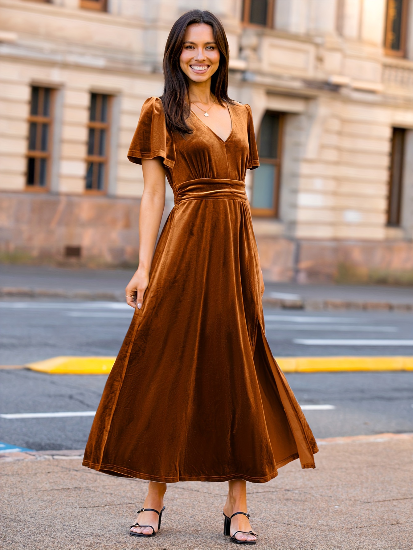Women'S Velvet Maxi Dress V Neck Short Sleeve Empire Waist Semi Formal Long  Cocktail Dresses