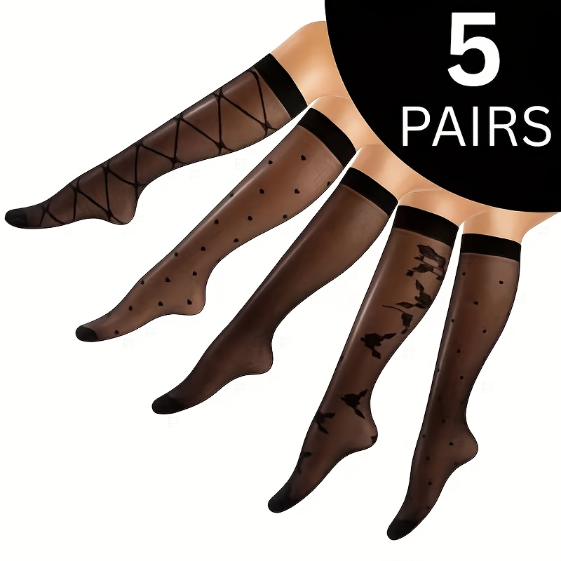 TEMU 5 Pairs Women's Sheer Knee-high Socks, Elegant Patterned Calf Socks, And White, Comfortable And Breathable Women's Long Socks And Stockings