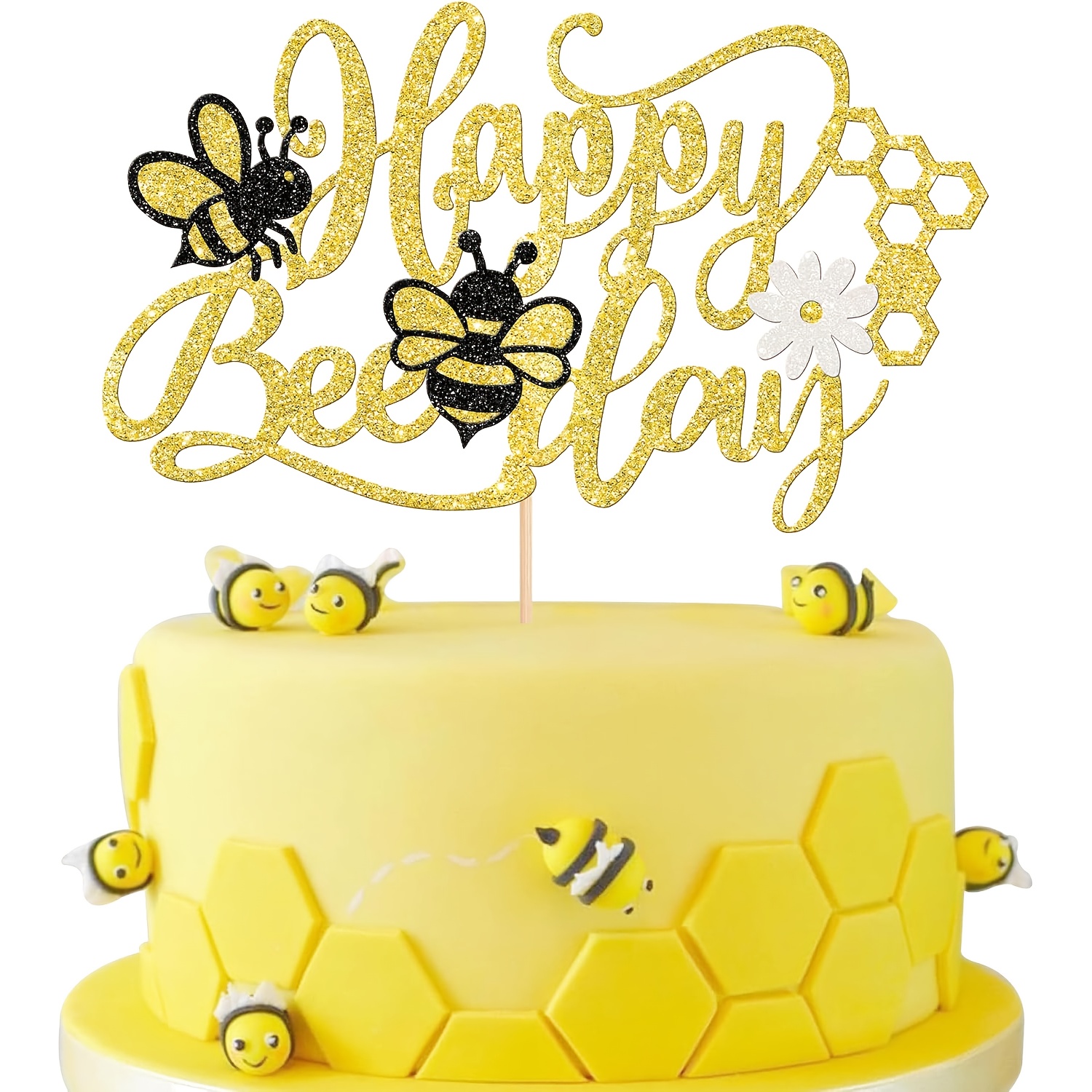 Image of 1pc Day Cake Topper Glitter Honeycomb Flower Bumble Bee Theme Cake Pick Baby Shower Bee Cake Decoration For Gender Reveal Baby Shower Birthday Party Supplies Golden