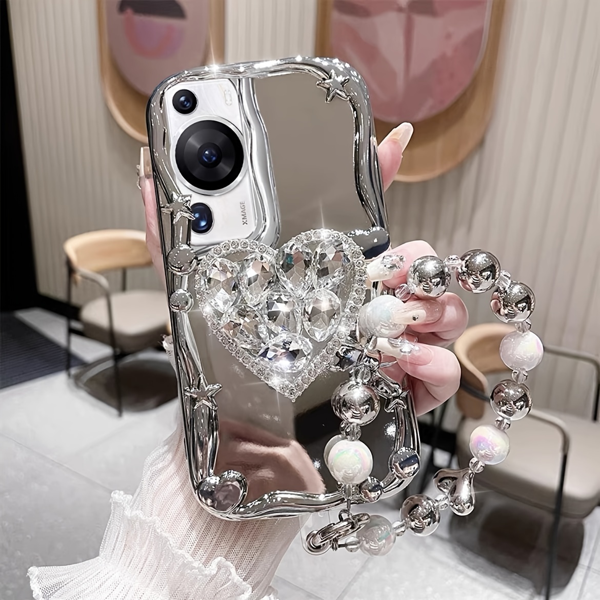 One Set Rhinestones Sparkling Heart-shaped Bracket for iPhone Electroplated Silver New Bracelet Phone Rope Phone Case Set - Image 9