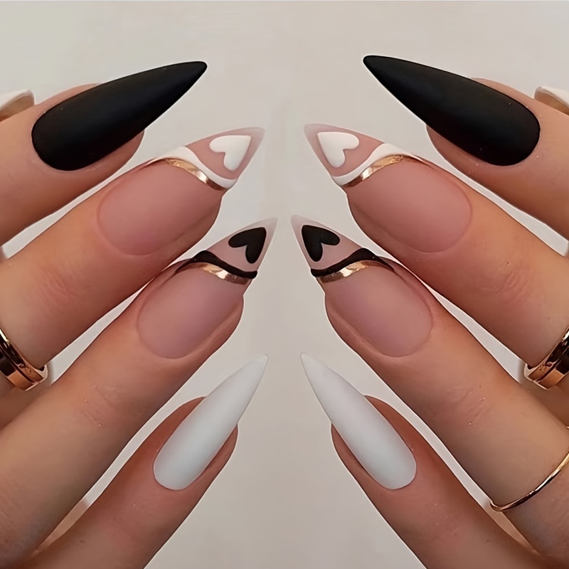 24pcs medium almond fake nails matte black white and nude false nails with black and white love pattern golden stripe design sweet press on nails 1pc nail file and 1sheet jelly tabs included details 0