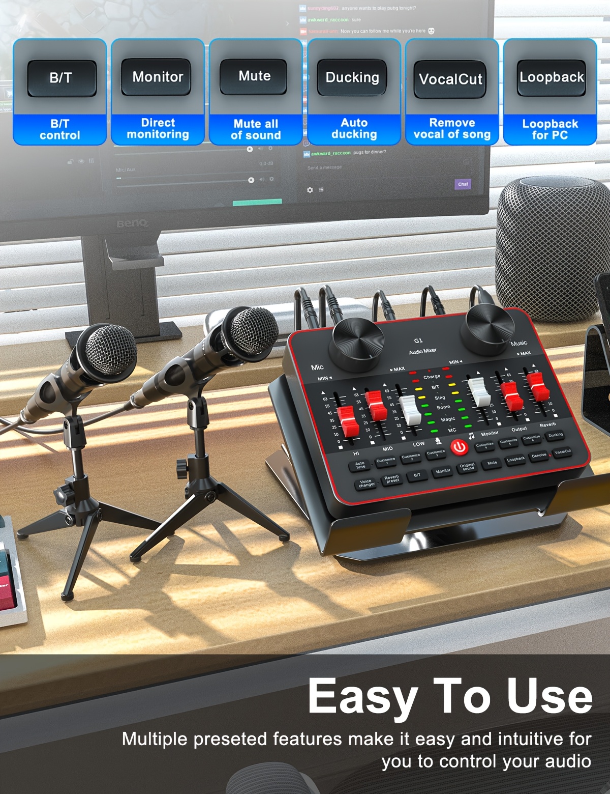 Podcast Equipment Bundle, All-in-One Audio Interface DJ Mixer with 2 Condenser Microphones, Recording Studio Kit Live Sound Card for Singing Broadcast, Live Streaming, Gaming