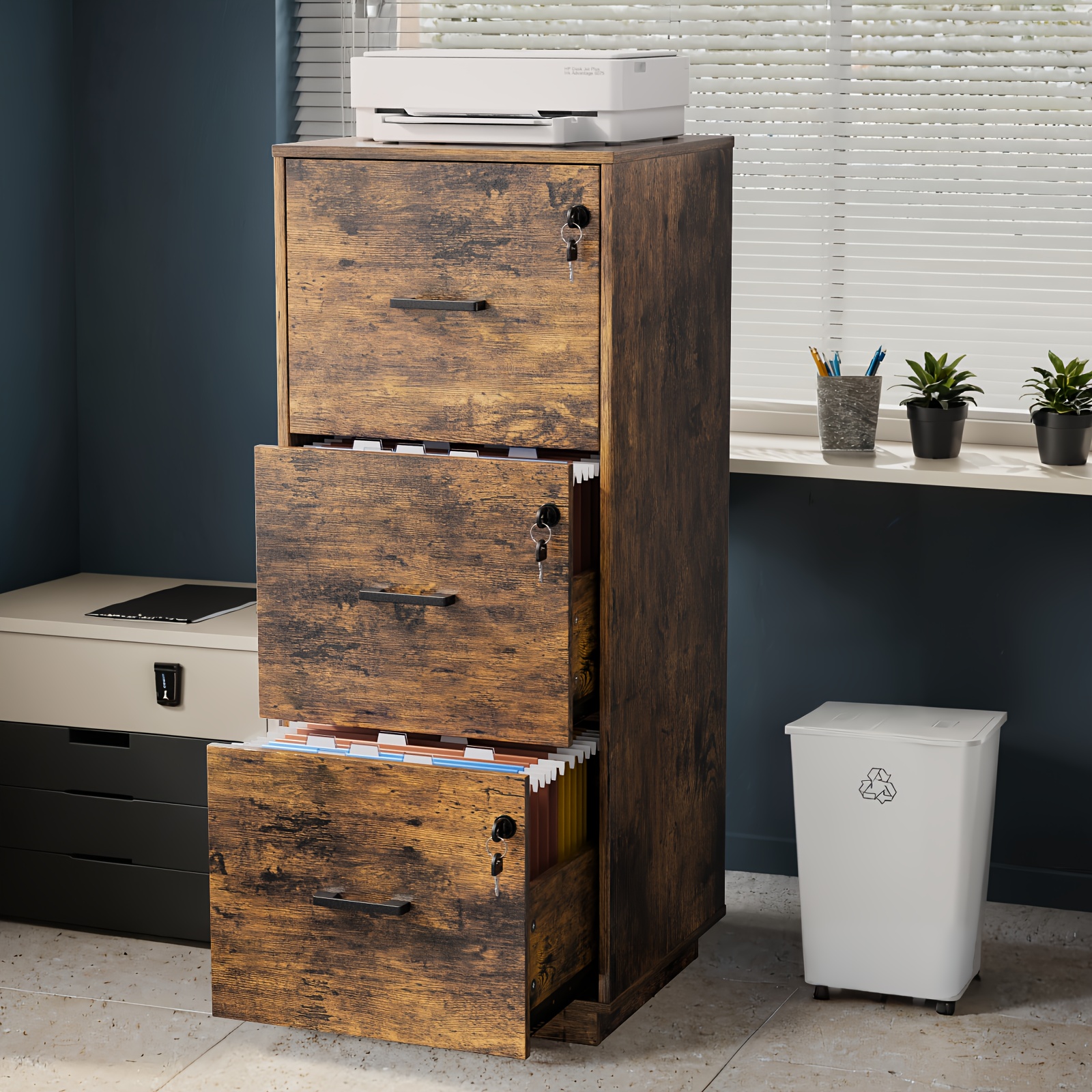 Bonnlo 3-Drawer Lockable File Cabinet - Wood Filling Organizer with 2 Drawers, 27