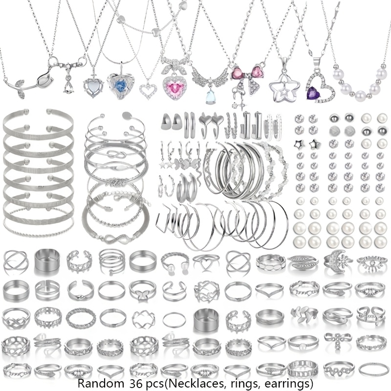 TEMU Ensemble de bijoux de luxe aléatoire de 36/65 pièces pour femme, collier nœud, bague, boucles d'oreilles clous, bracelet, bracelet jonc, adapté