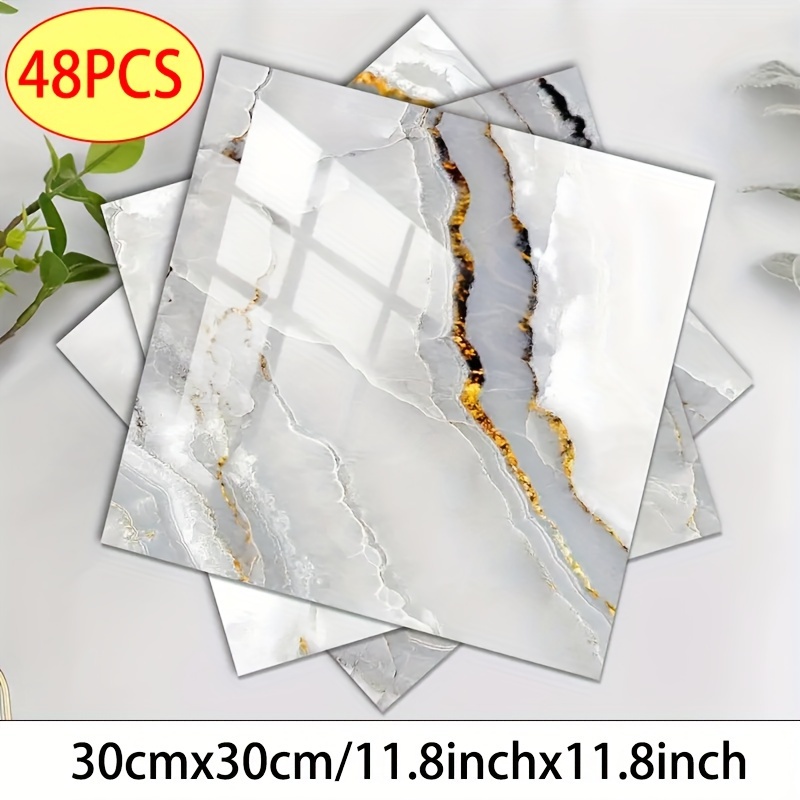 TEMU 48pcs Marble Tile Sheets - Waterproof Pvc Removable Backsplash, Square /wall Tiles Suitable For Floors,, No Glue, Marble (11.8"x11.8")