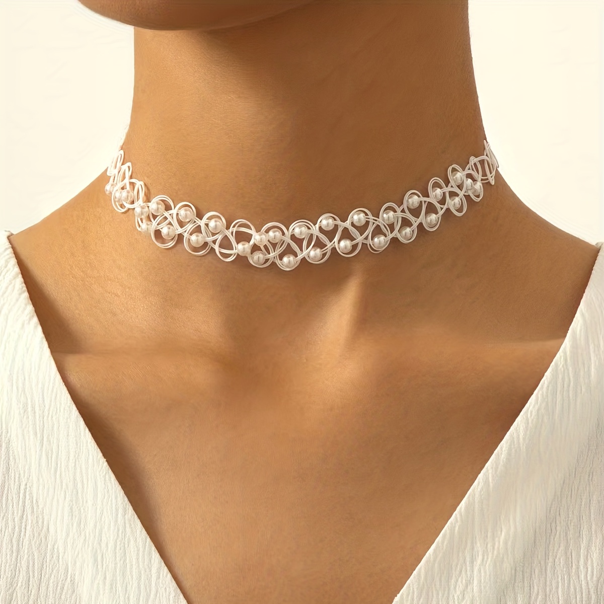 Image of Handmade Braided Fishing Line Retro Clavicle Necklace Elastic Large White Clavicle Chain Choker