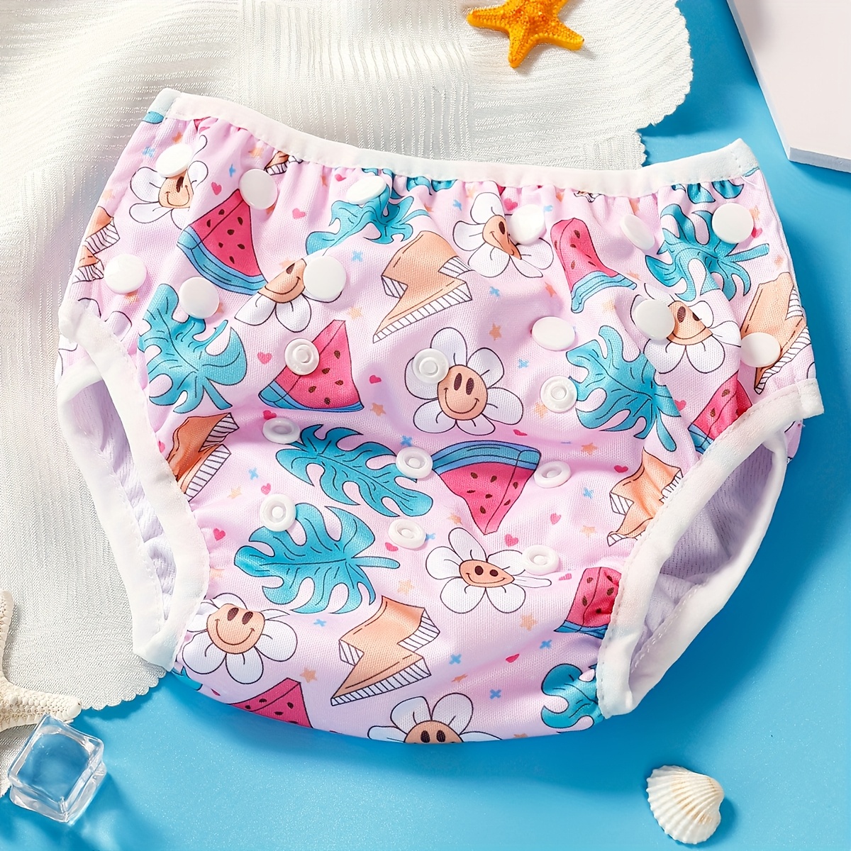Image of High-quality Adjustable Swim Diaper For Babies - Washable, Reusable With Cute Watermelon & Ice Print, Pink , Perfect For Summer , Baby Swimsuit