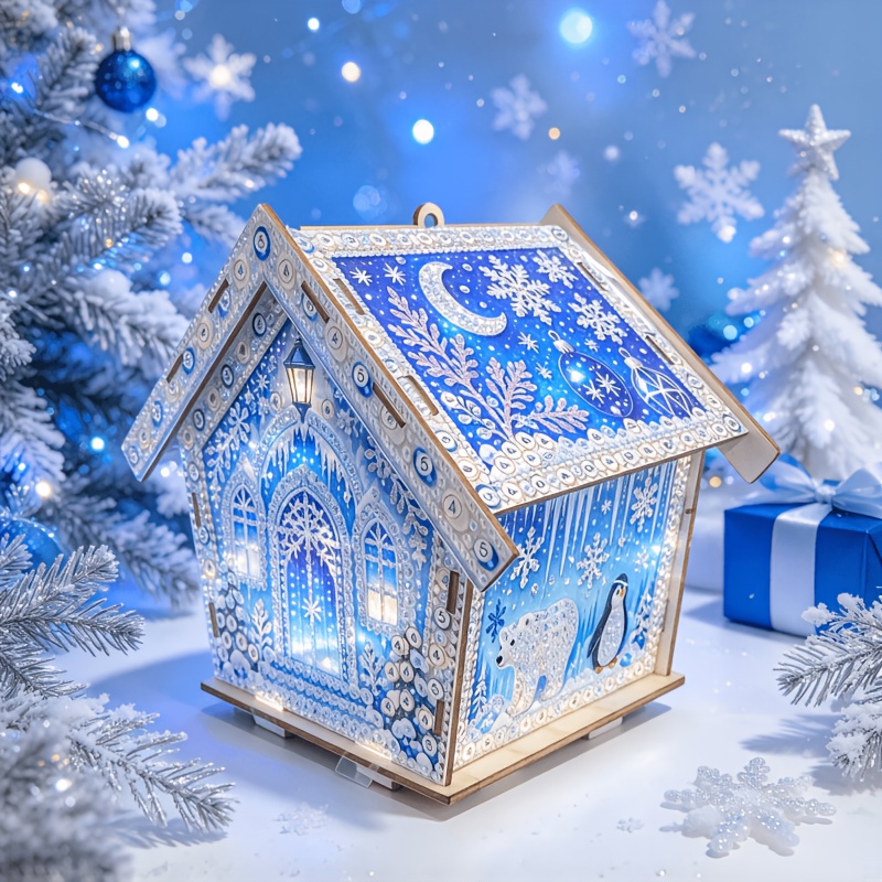 TEMU Diy 3d Wooden House Pearl Diamond Painting Kit, Arctic Polar Bear & Penguin Craft Set, Winter Snowflake Moon Design, Christmas Desktop Ornament