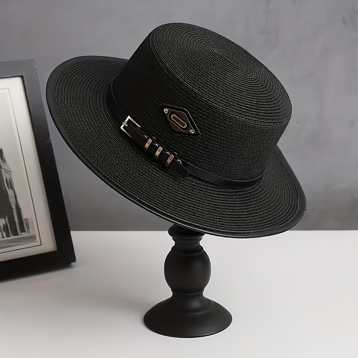 

Unisex French Style Outdoor Adjustable Flat Top Hat With Belt Decoration, High-end British Straw Hat