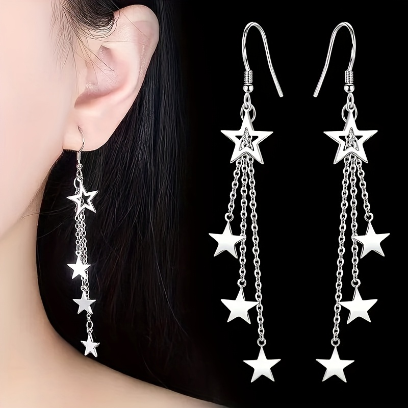 TEMU 1 Par de Pendientes de Estrella con Borlas para Mujer - Aretes Largos Colgantes con Cadena, Joyería en para Navidad, San Valentín y Uso Diario,