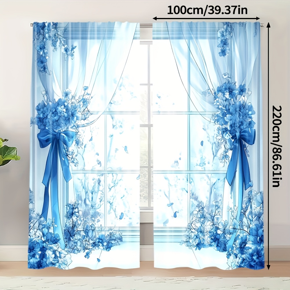 TEMU 2pcs Blue Floral-like Curtains - Semi-sheer Window Drapes With Elegant Window, Light Filtering Privacy & , Rod Pocket Hanging For Living Room,