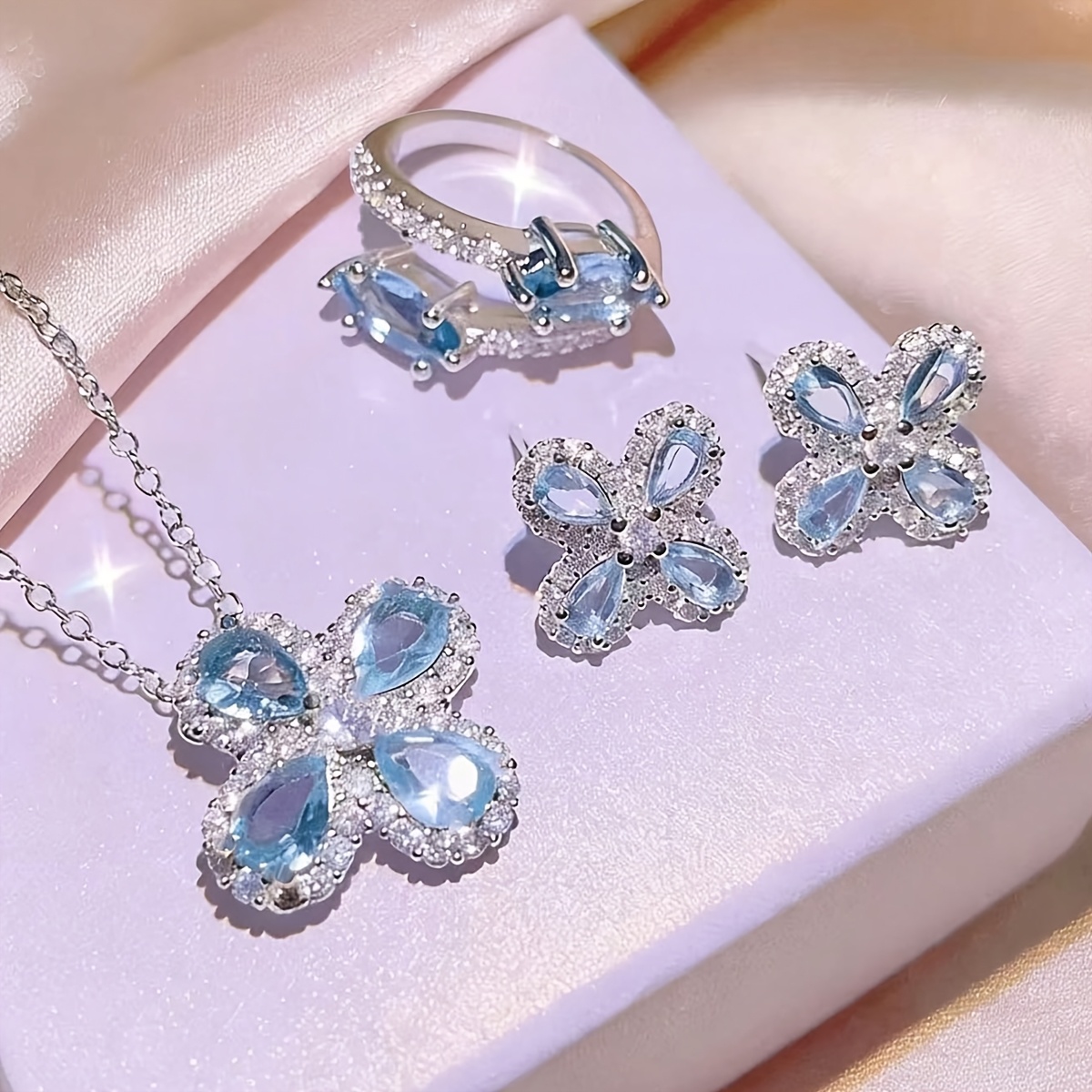 TEMU Ensemble 3 pièces de luxe léger bleu à géométriques pour femme - Collier, boucles d'oreilles et bague minimalistes, adapté pour un port , cadeau