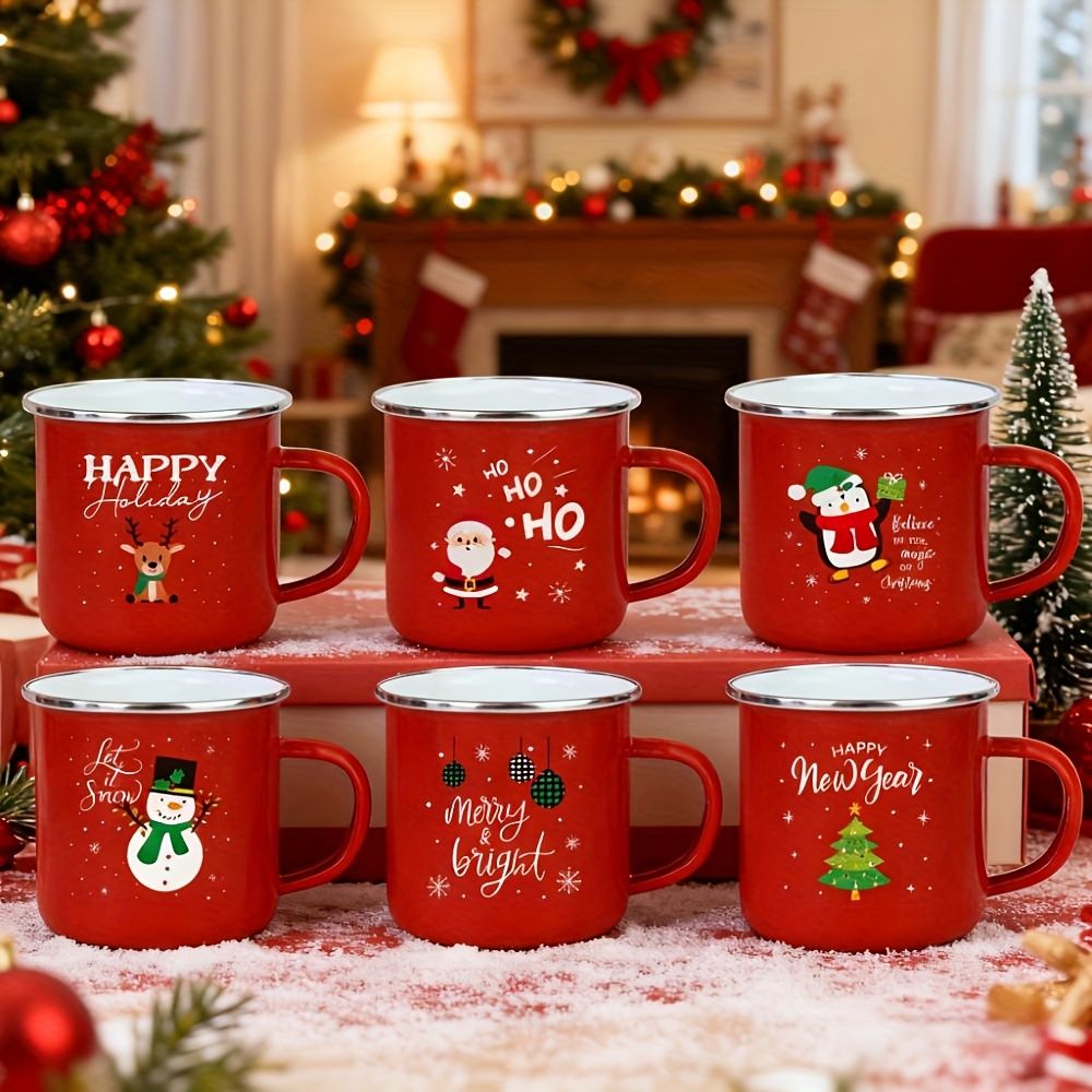 Image of 6pcs, Enamel Mug Christmas Gift, Coffee Cup, Water Bottle, Beautiful Cups, Holiday Drinkware, , Milk Cup, Breakfast Cup, Espresso, Juice, Christmas Party Supplies