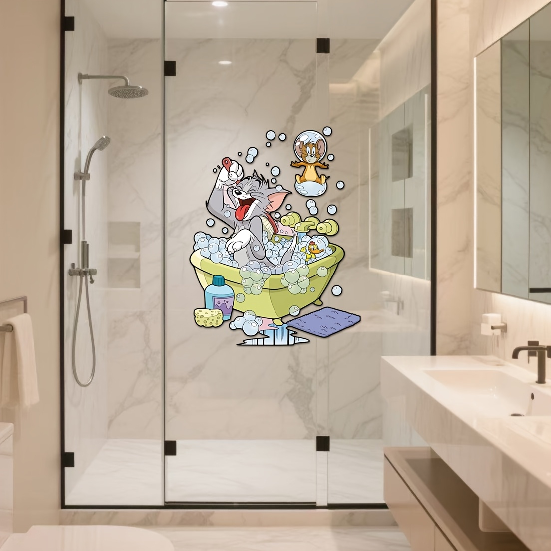   creative shower door sticker design,   bathing pattern, pvc self-  sticker, suitable for bathroom shower door and glass sticker, self-  background wall decoration,   create a fun bathroom space 0