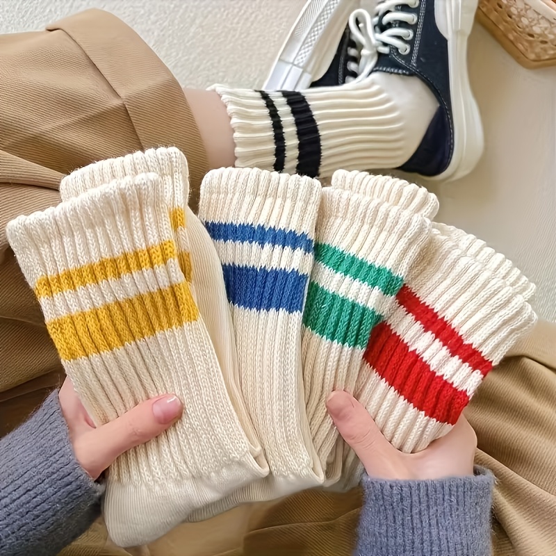 TEMU 5-pair Ncdate Breathable Mid-calf Socks - Moisture-wicking Striped Athletic & Casual Suitable For, Gym, Casual Attire, Machine Washable,