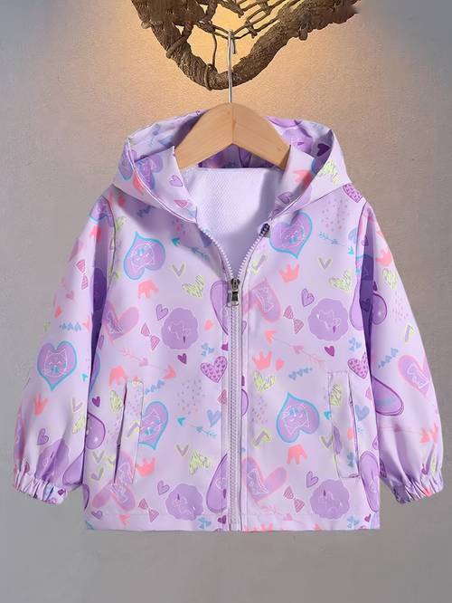 girls casual cartoon hooded jacket long sleeve windproof and sun zipper closure fiber