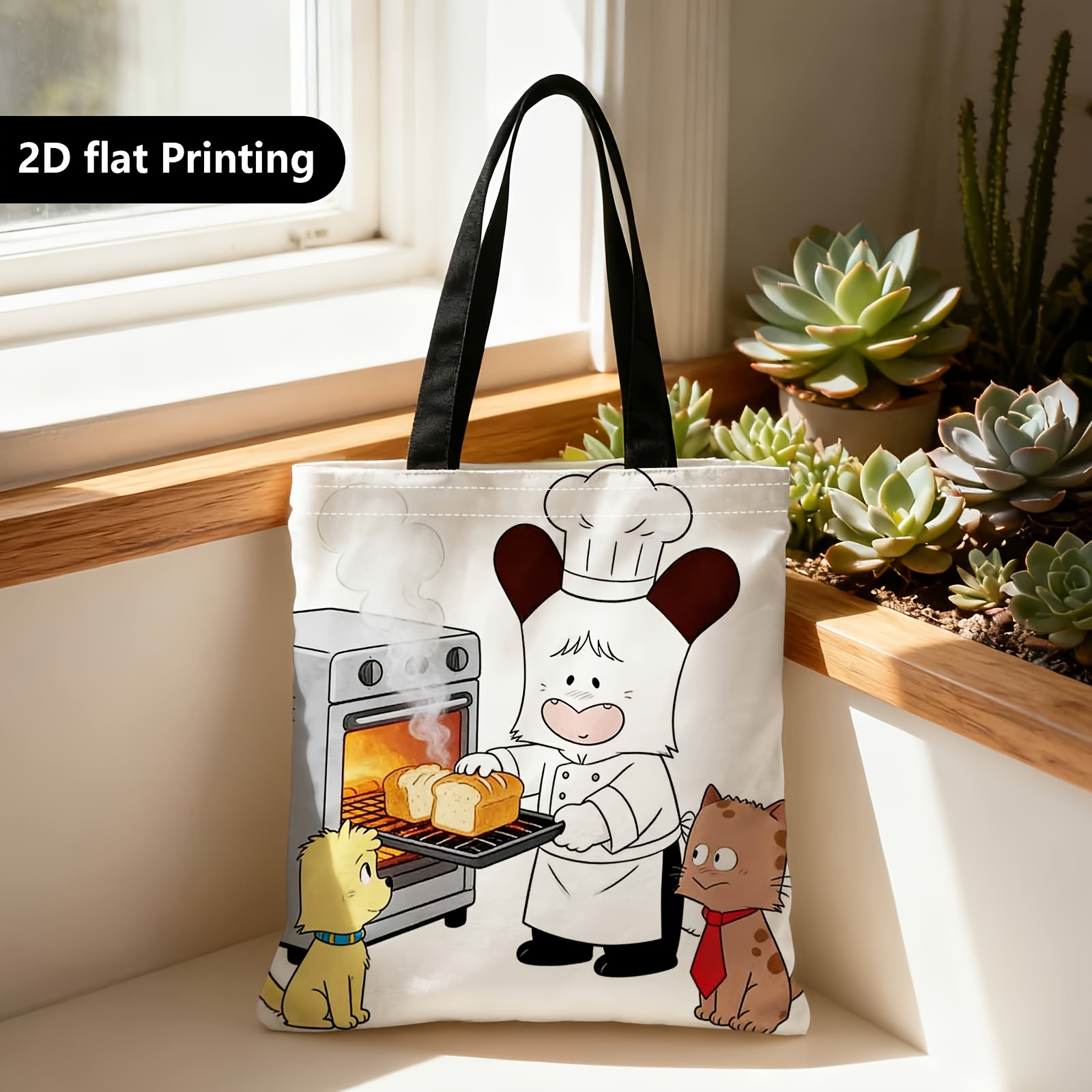 TEMU Shopper Bag,shopping Portable Shoulder Back Hand-held Bag,2d Double-sided Ing,baking Bread, Pets, Friendly Chef,suitable For Travel, Cosmetics,