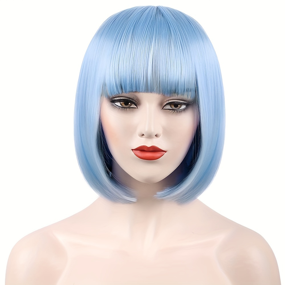 

Women' Blue Bob Wig With Bangs - 10 Inch Short Straight Synthetic Hair, Fiber, 100% Density, For Cosplay And Daily Use