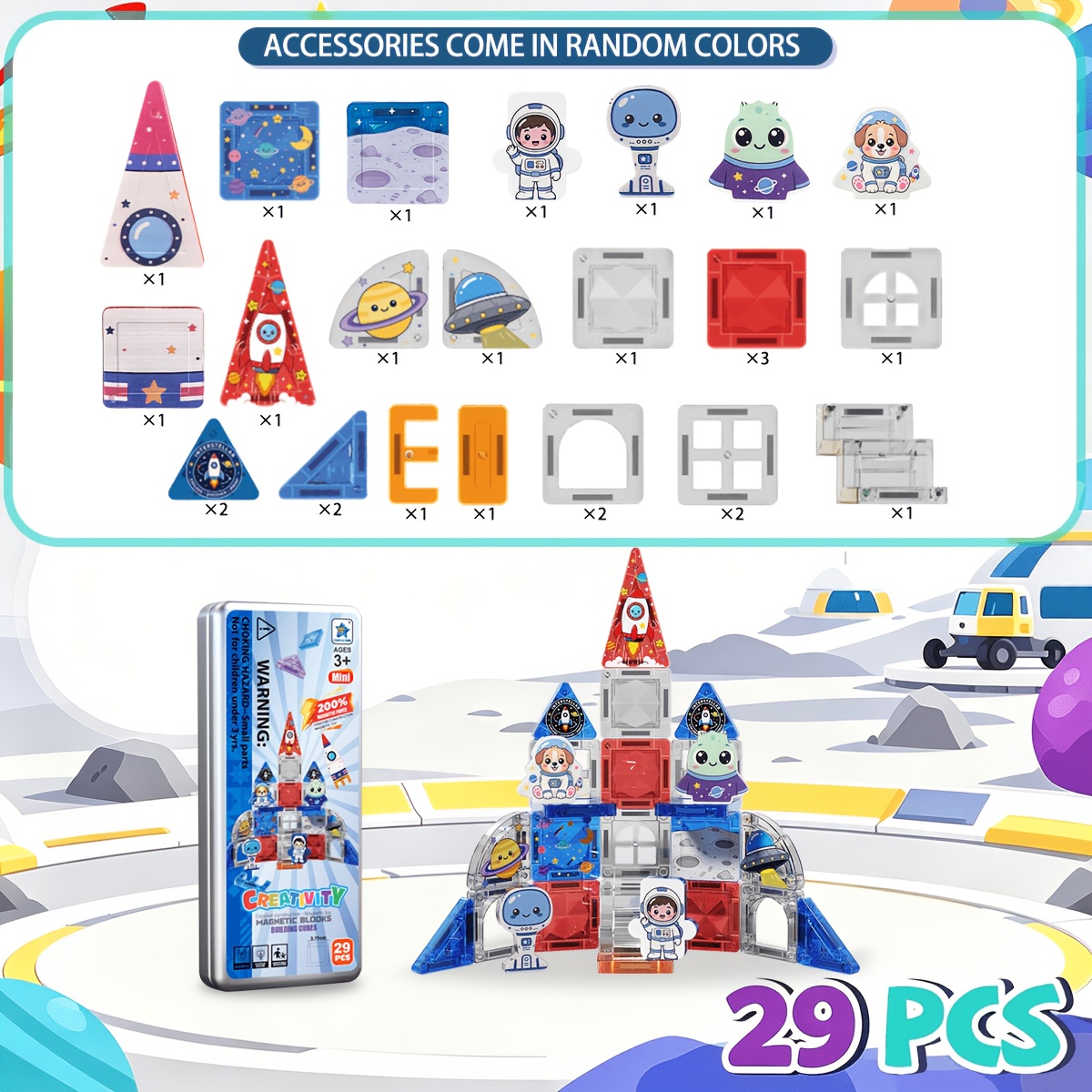 TEMU Ensemble de 29 pièces de blocs de construction magnétiques , Tuiles magnétiques 3D transparentes avec cartes de personnages d'astronaute, Jouets