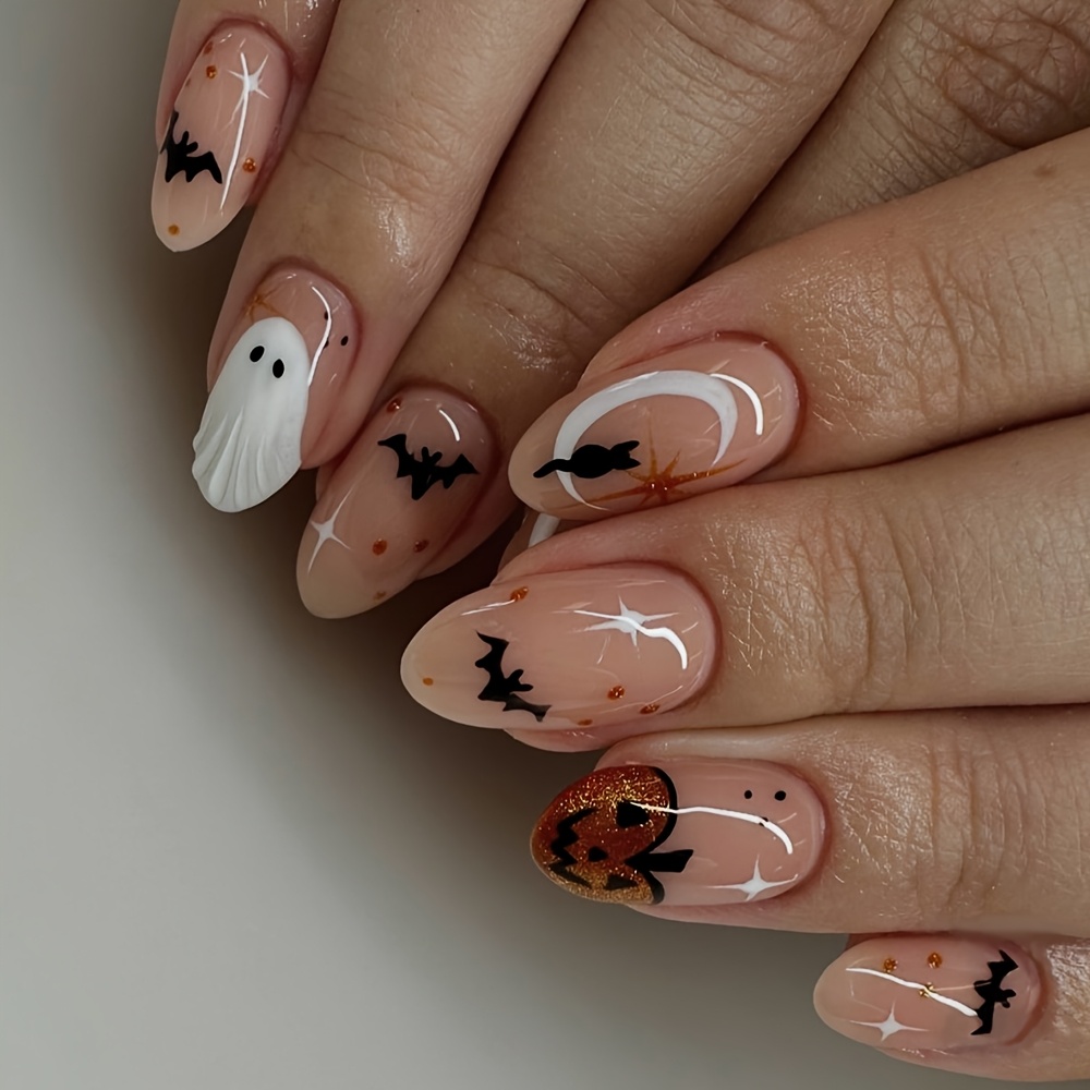 TEMU 24pcs Medium Almond Press-on Nails Halloween Theme Transparent Nude Base With Handmade 3d Ghost Bat Orange Pumpkin Pattern For Women Reusable