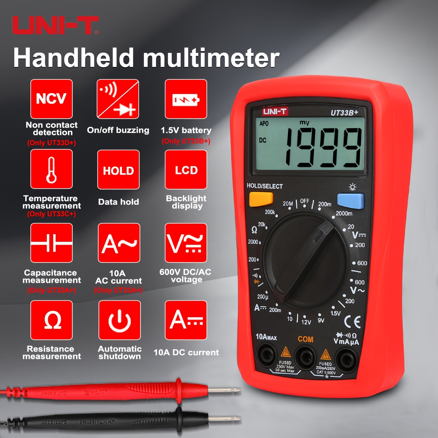 UNI-T 1999 Digital Multimeter with LCD Backlight, Auto Ranging, Temperature, Capacitance, Resistance, Voltage, Current, and Diode Test - 600V/1000mA, 1, 5V Battery, Red & Black Probes Included, Multimeter for Electrician, Precision Measurement Tool, Durable Construction