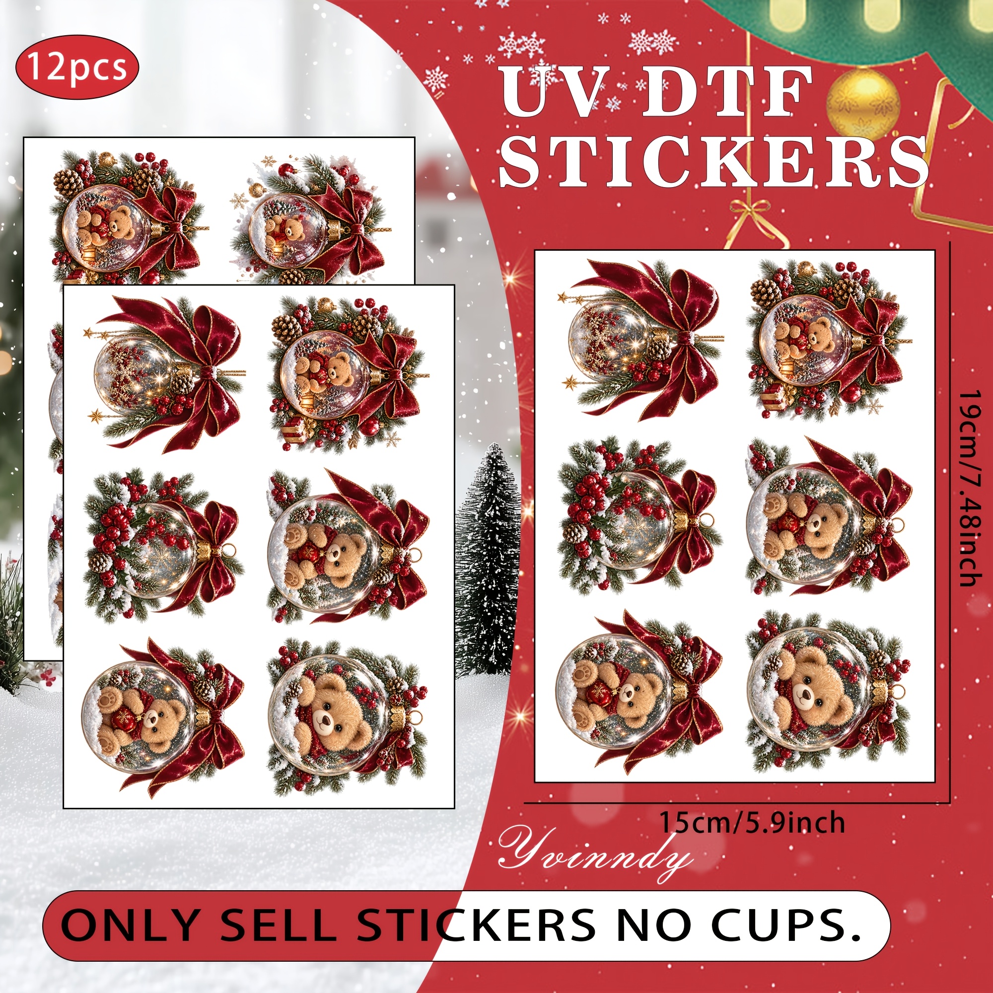 TEMU Lot de 12 UV DTF DIY à neige avec de Noël pour tasses DIY, ordinateur, scrapbooking, etc. ( le transfert est , aucun article n'est , transfert