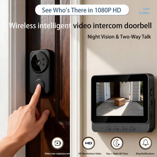 wireless video doorbell no wifi app needed features 4 3 screen 1080p camera 170 view two way talk sd card storage rechargeable battery wall mount design for modern stylish and durable