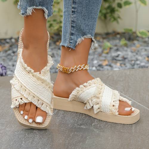 elegant and stylish classic tassel square toed sandals for spring and summer outdoor non slip womens slippers