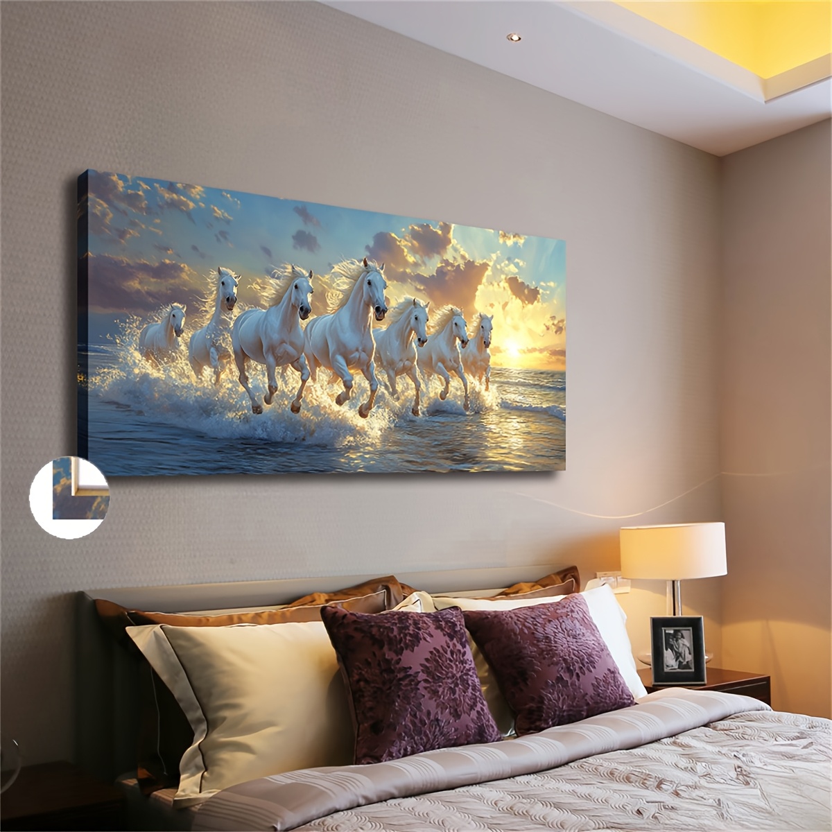 TEMU 2d Flat, 2d Flat, Framed Large Size Abstract Watercolor Wall Decorative Painting 50x100cm 20x40 Inches Sunset The Sea Suitable For Home Bedroom,