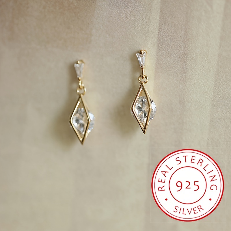 

925 Sterling Silver Rhombic Pendant Stud Earrings Zircon Inlaid Birthstone Silver Plated Ear Jewelry Elegant Style Charm Earrings For Women
