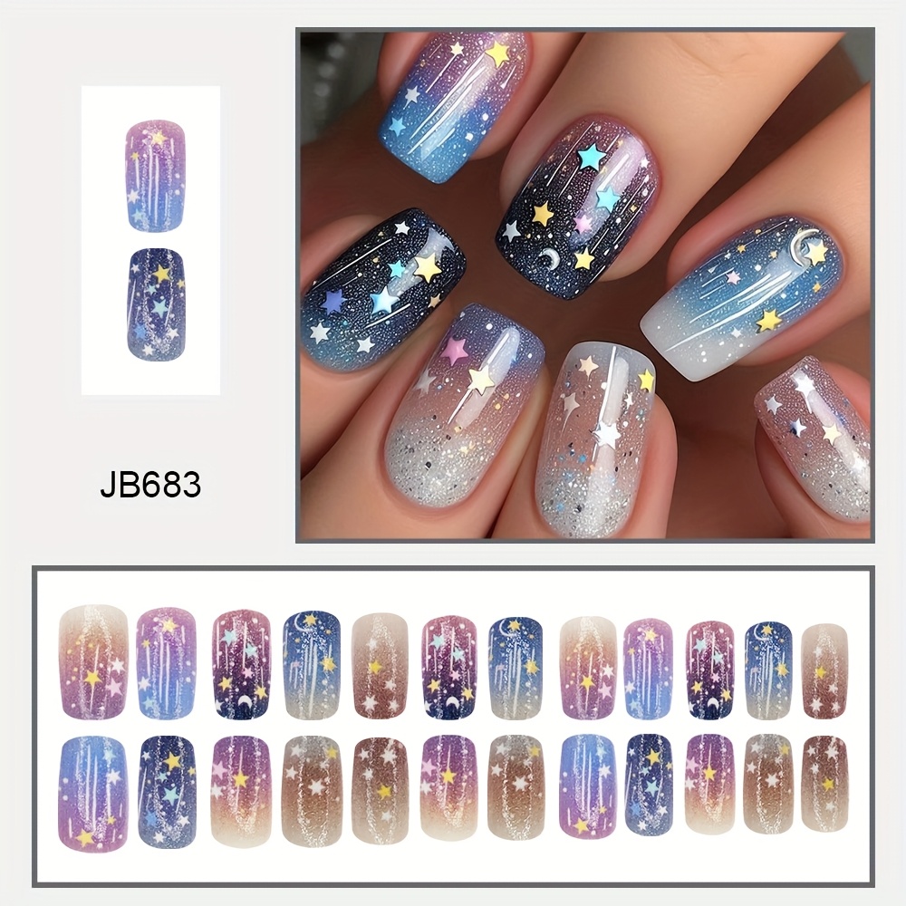 TEMU 24pcs Stars Moon Chinese Style Armor Wearable Armor Jelly Removable Wearable Armor False Nails Send Jelly Nail File Small Wooden Stick