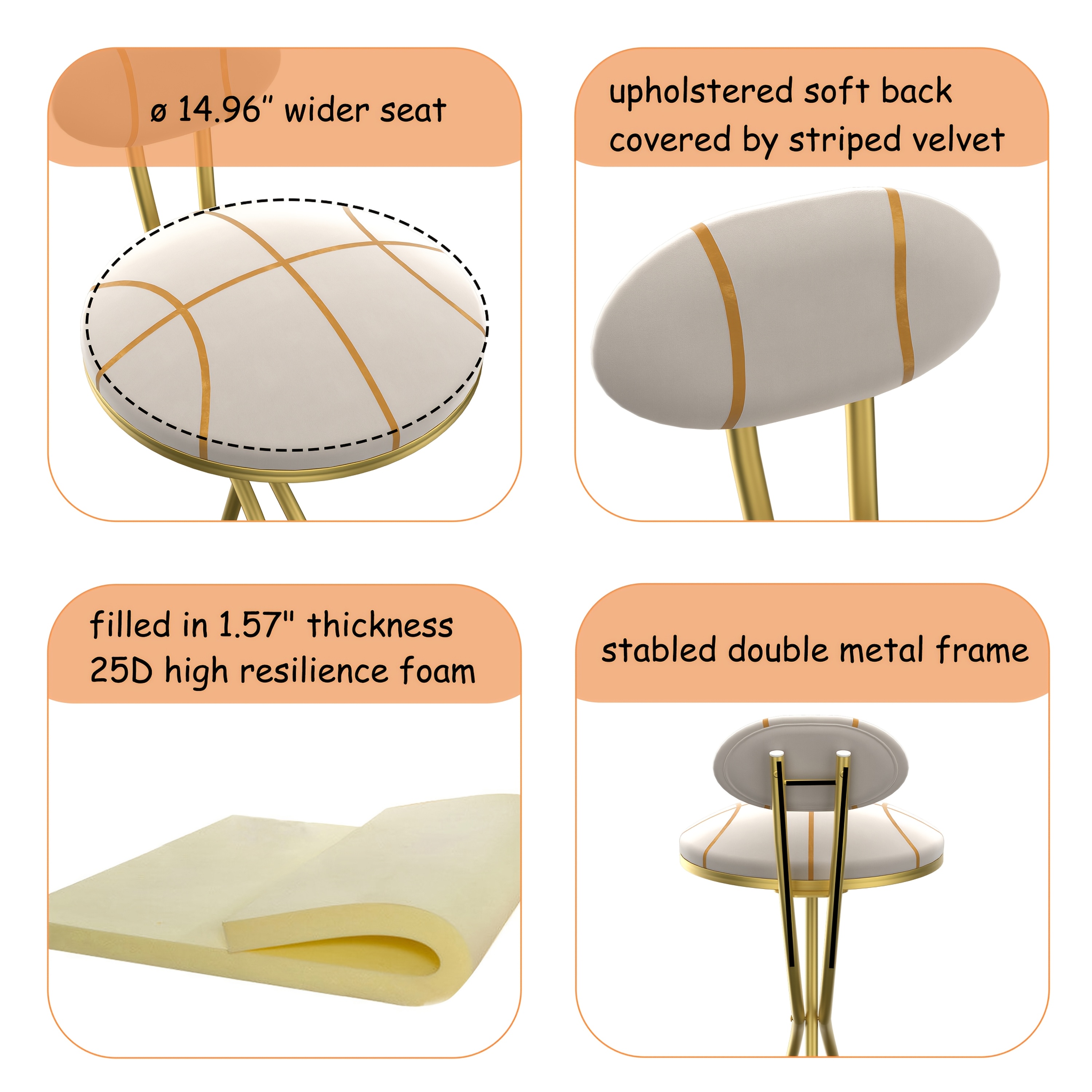 Pair of Contemporary Velvet Bar Stools with Counter Height, Featuring a Golden Metal Frame And S-Shaped Stripe Backrest, Upholstered Round Chairs Inspired by Basketball And Soccer, Complete with Footrest for Dining Areas, Kitchens, And Bars