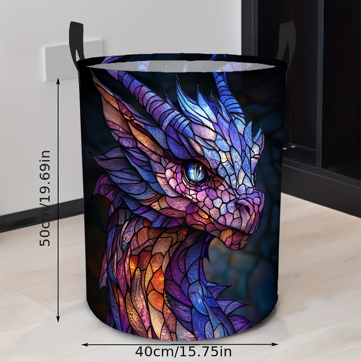 TEMU 1pc Dragon Stained Glass Pattern Foldable Laundry Basket, Circular Clothes Hamper For Bathroom, Room Organizer Bin For Sundriess And Laundry,