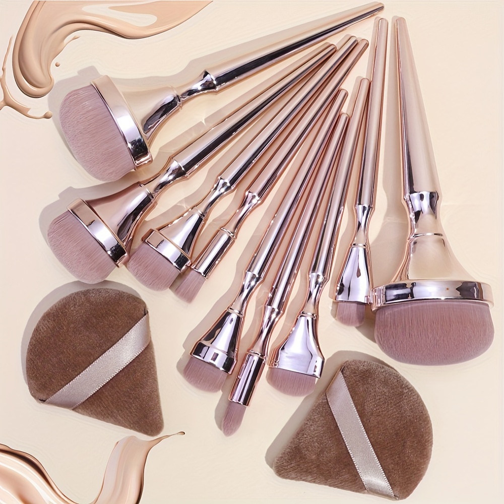 

Luxury 9pcs Makeup Brush Set With Electroplated Handles & 2 Powder - Includes Foundation, Blush, Eyeshadow Brushes For Types