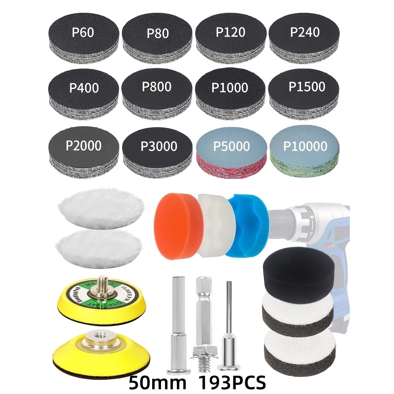 193pcs 50mm/75mm Sanding Discs And Polishing Buffing Pads Kit, 60 To 10000 Grit Wet And Dry Sandpaper, Drill Sanding Attachment For Car Headlight Restoration, Wheel Repair, Wood And Metal
