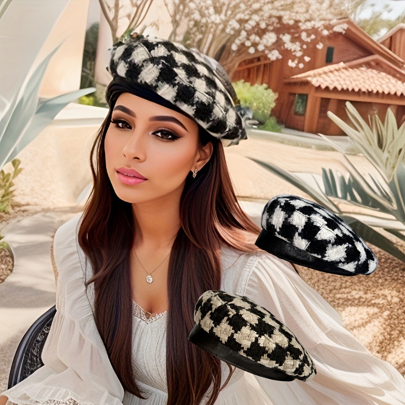 

Chic Knit Beret With Faux Leather Trim - Lightweight, Non-stretch, Christmas & Casual Wear