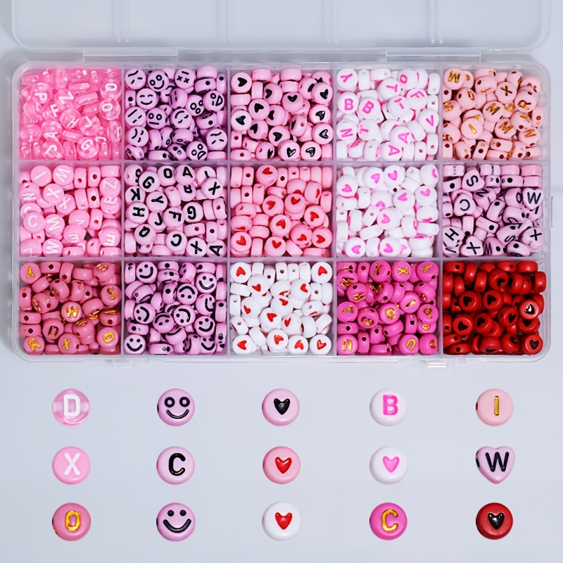 

Valentine's Day Love-themed Acrylic Bead Kit - 15 Compartments, Assorted Pink Styles For Making, Bracelets, Necklaces & Keychains