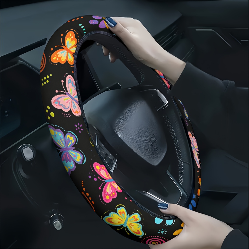 TEMU 1pc Colorful Flying Pattern Steering Wheel Cover, Soft And Breathable To The Touch, Reduces Hand Fatigue, Suitable For , A Accessory, A Gift