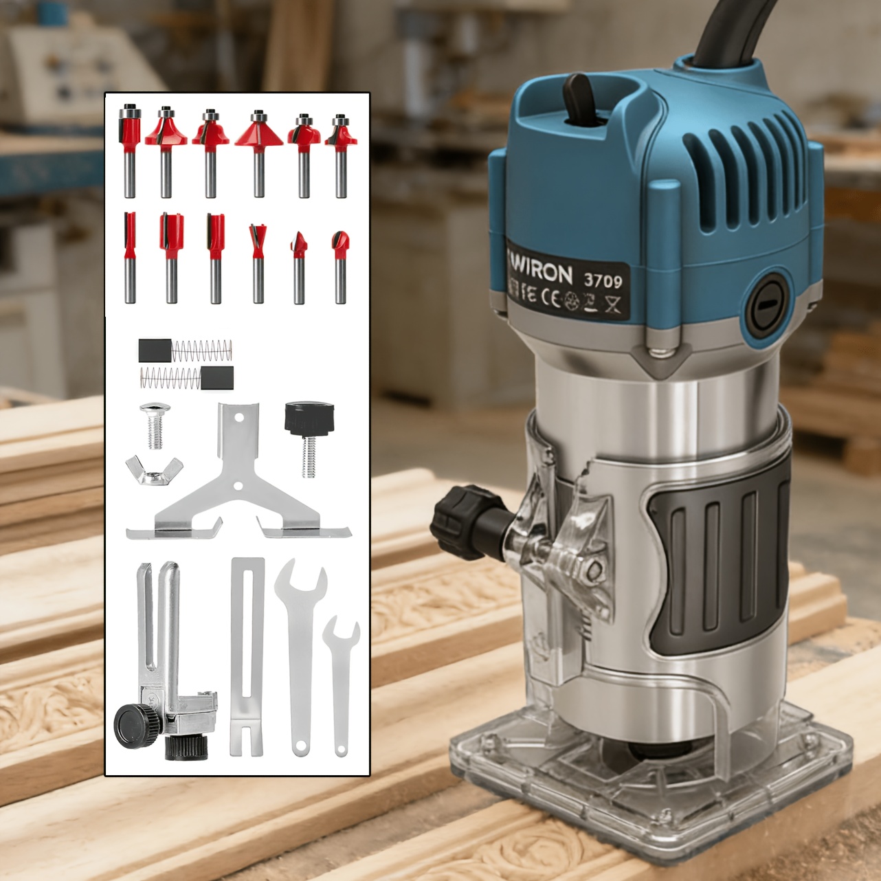 500w Electric Wood Router Trimmer, Heavy Duty Wood Trimmer Set 8 Router With 15pcs 1/4" Shank Router Bits For Woodworking, Slotting