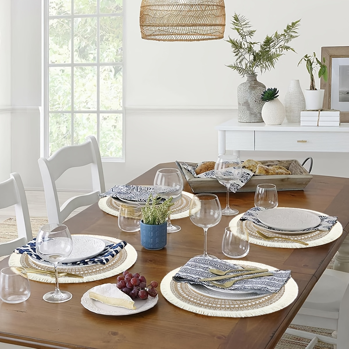 6pcs 8pcs 10pcs bohemian round tassel placemats   linen   beige white decorative fringe detail for dining tables in restaurants kitchens and home decor kitchen table decor bohemian style   linen placemats for table Product details 2